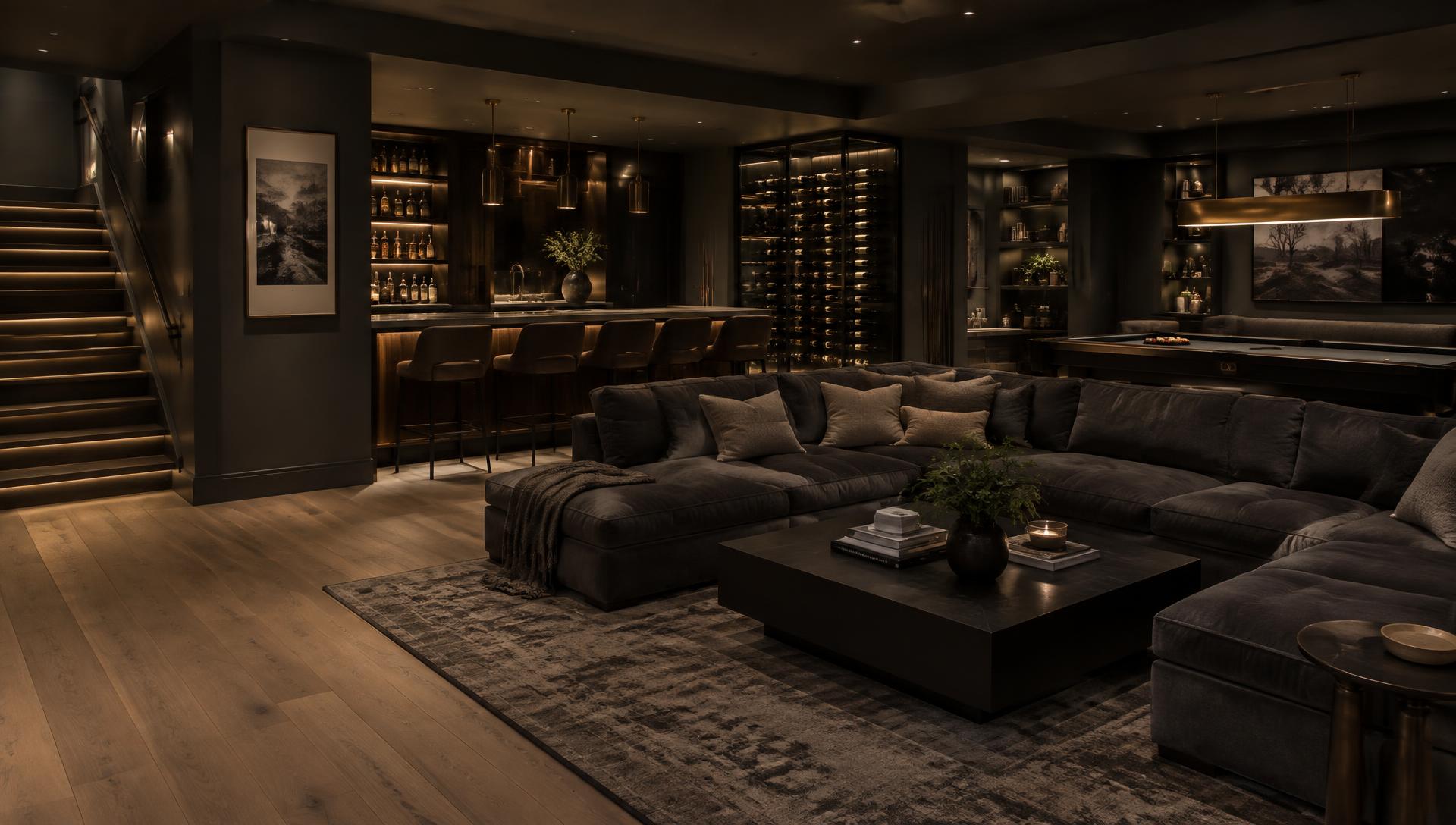 Luxury finished basement with custom bar and lounge in Leawood, KS